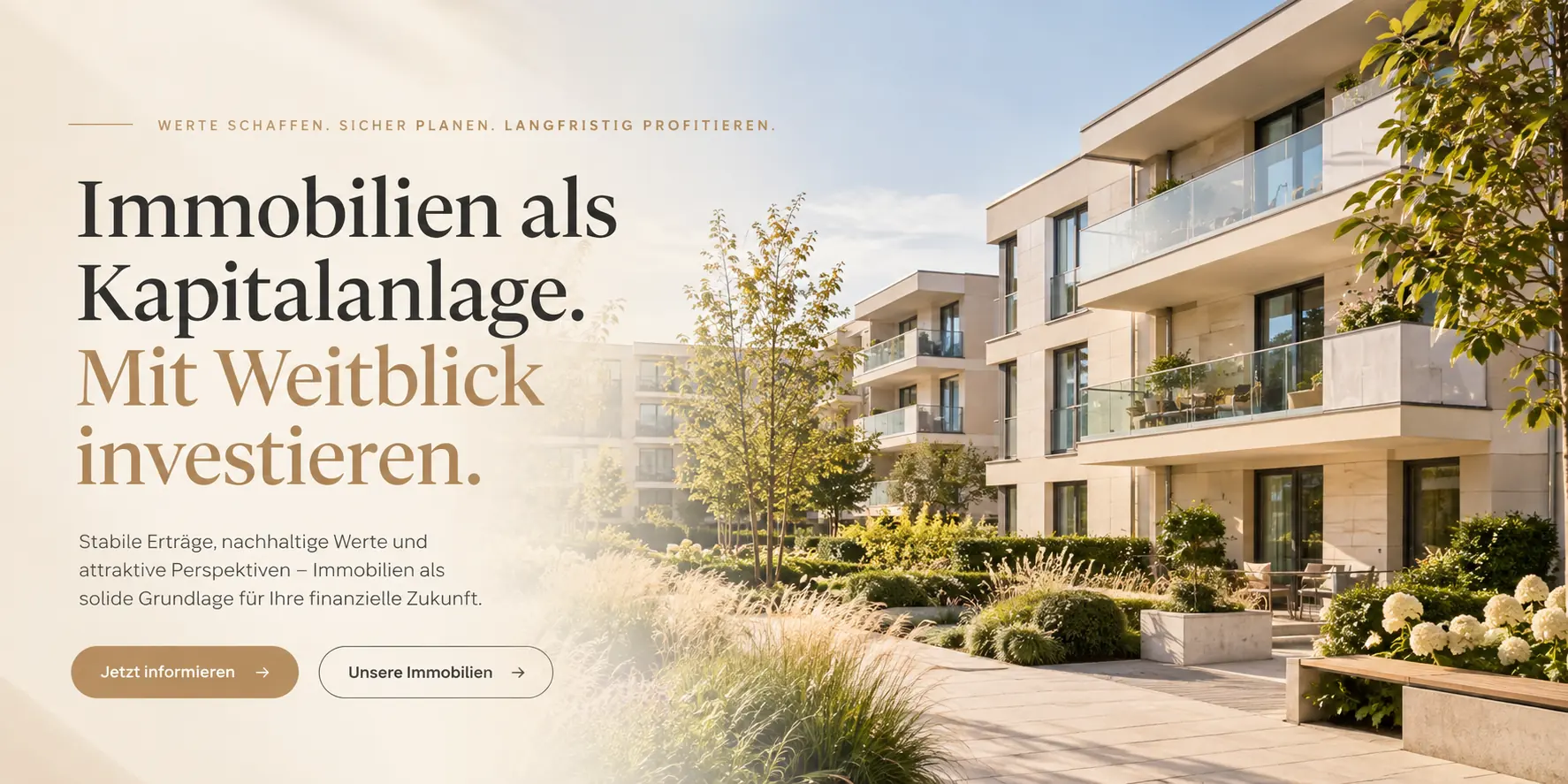 KI-generierte Illustration einer modernen Wohnanlage in warmen Sandtönen, kein konkretes Immobilienangebot